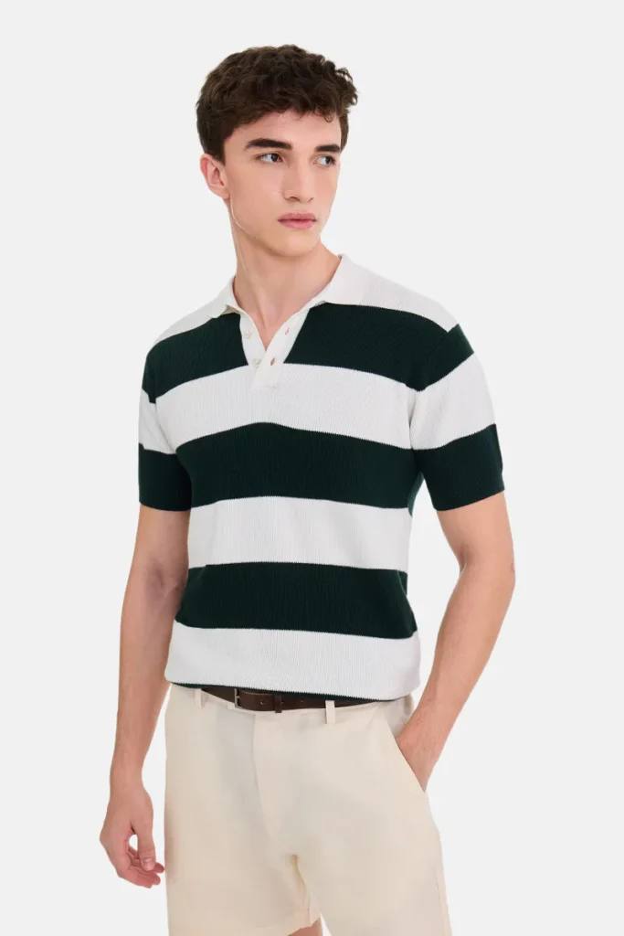 Flat Knit Stripes Polo T-Shirt